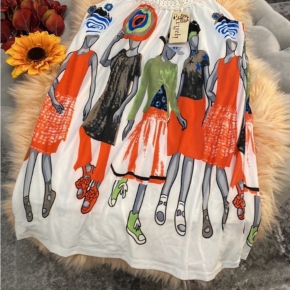 Aryeh Ethnic Lady Print Medium Dress White & Orange Crochet Halter Style NEW - Picture 3 of 4